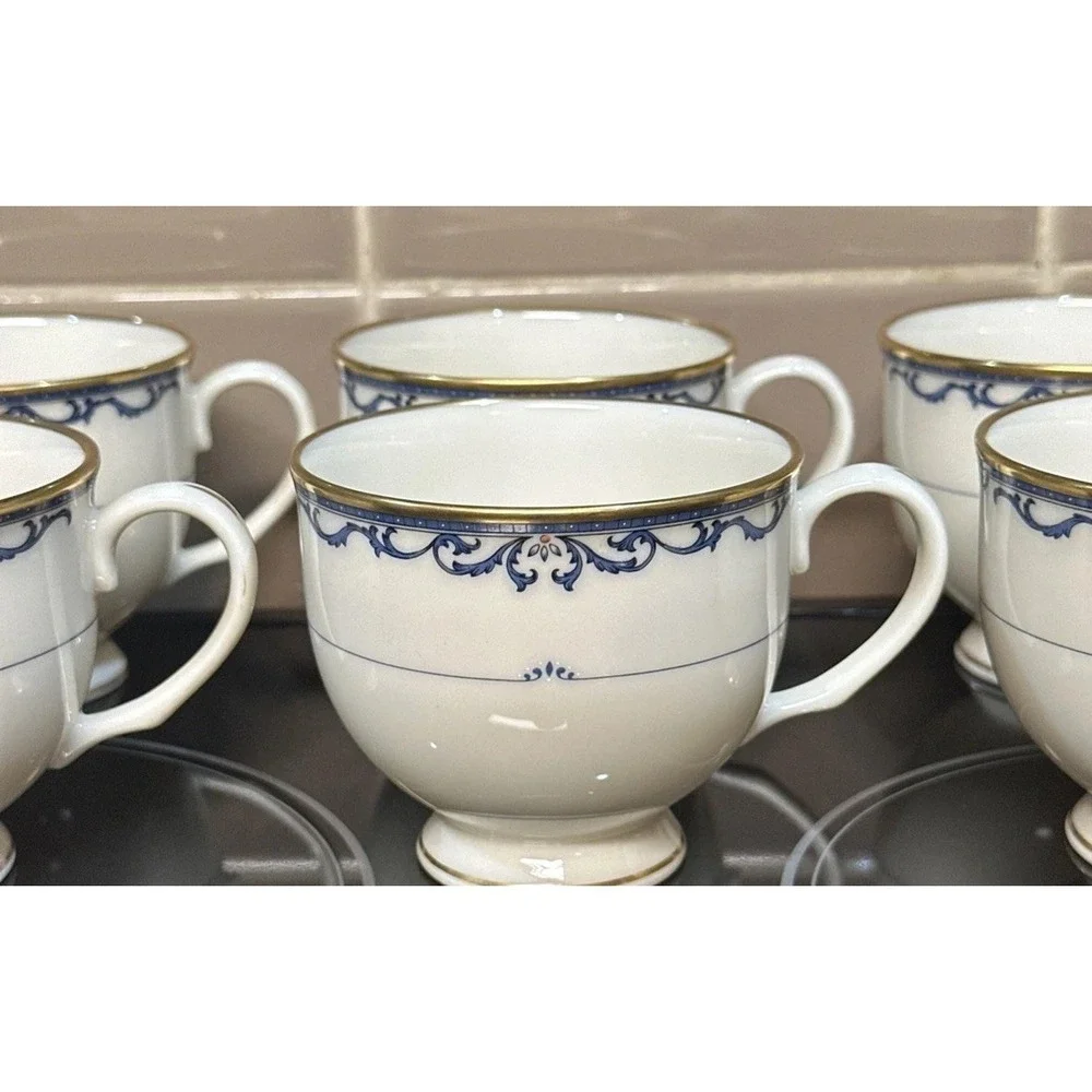 Lenox‎ Liberty Cups Set of 6 Ivory Blue Gold Trim Footed Tea Coffee USA